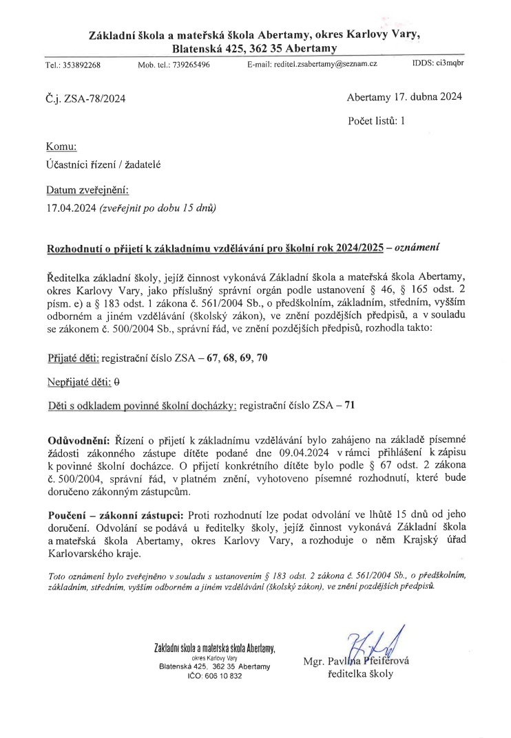 Oznámení: Rozhodnutí o přijetí k základnímu vzdělávání šk.r. 2024_2025